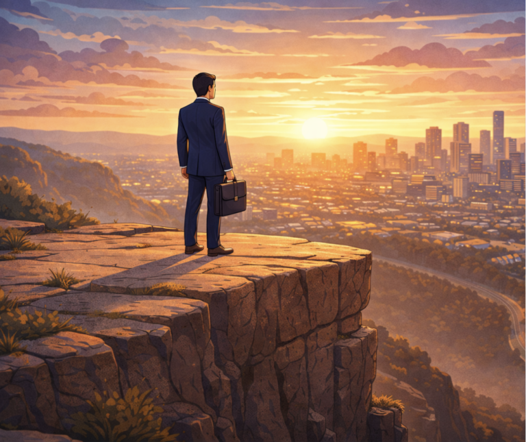A person in a suit holding a briefcase stands on a cliff edge, overlooking a city skyline at sunset.
